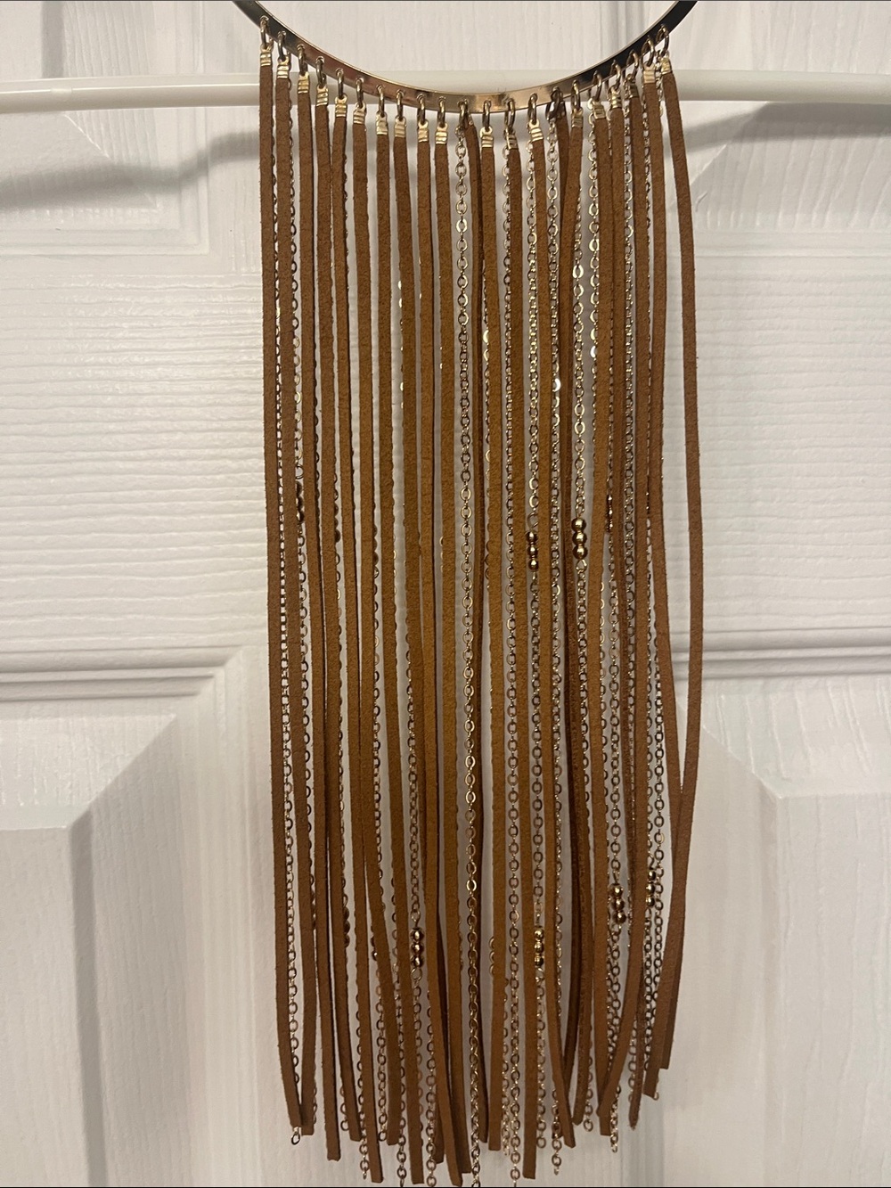 Dangle Fringe Leather and Gold Chain Statement boho Western necklace gold/brown